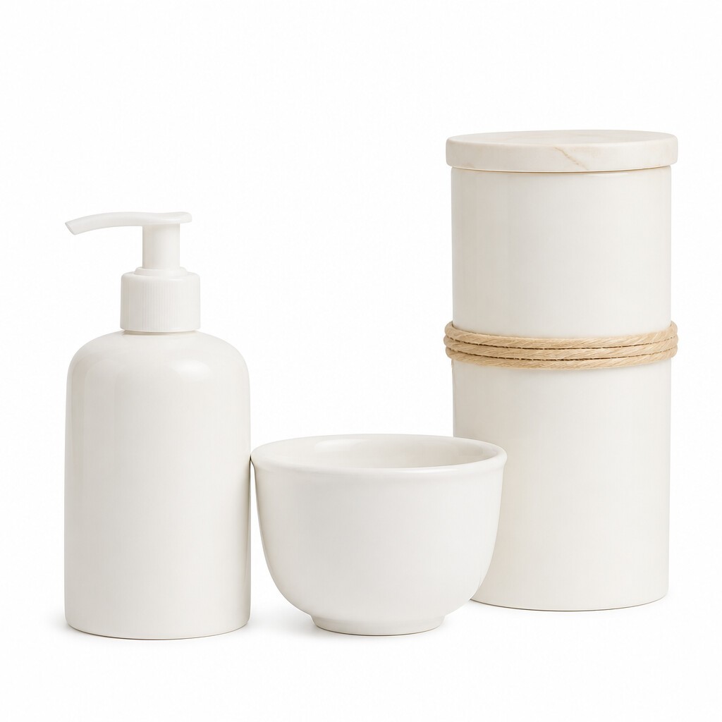 Kit higiene bebê 4 peças - Porcelana branca , Tampa Pinus - com molhadeira,VAI AO MICRO ONDAS