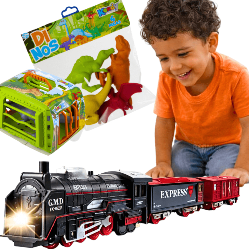 Kit Trem Elétrico Infantil Com Trilhos Locomotiva Luz Led Vagões Brinquedo Menino + dinossauro jaula