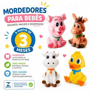 Kit Fazendinha Bebê 4 Animais Vinil Macio Inmetro Brinquedo Mordedor