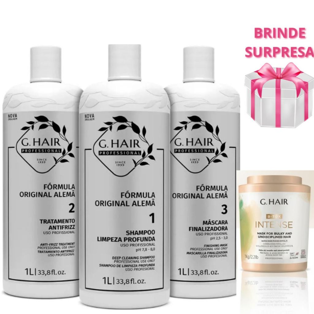 Ghair - Kit Escova Progressiva Alemã Liso Extremo, Alisamento Capilar 3 PASSOS 1L + Botox Intense 1Kg + Grátis !