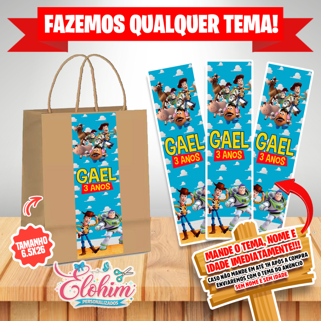 Rótulo Adesivo para personalizar sacolas Kraft / Craft tamanho do adesivo 6,5x26 - Toy Story