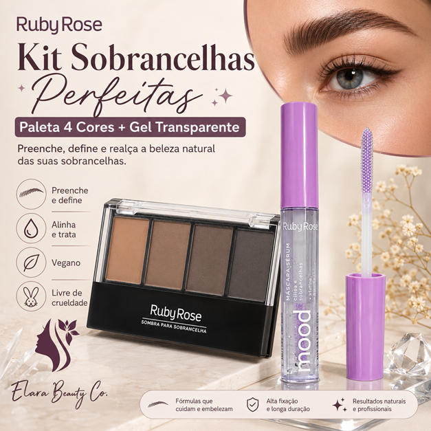 Kit Ruby Rose Sobrancelhas Perfeitas Paleta 4 Cores + Sérum Transparente + Um Mimo
