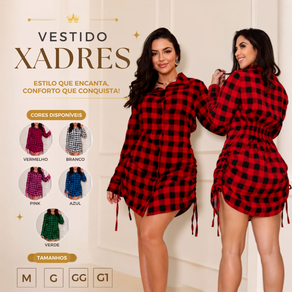 Vestido Xadres, Femenino Con Botao na Frente, Manga Longa.