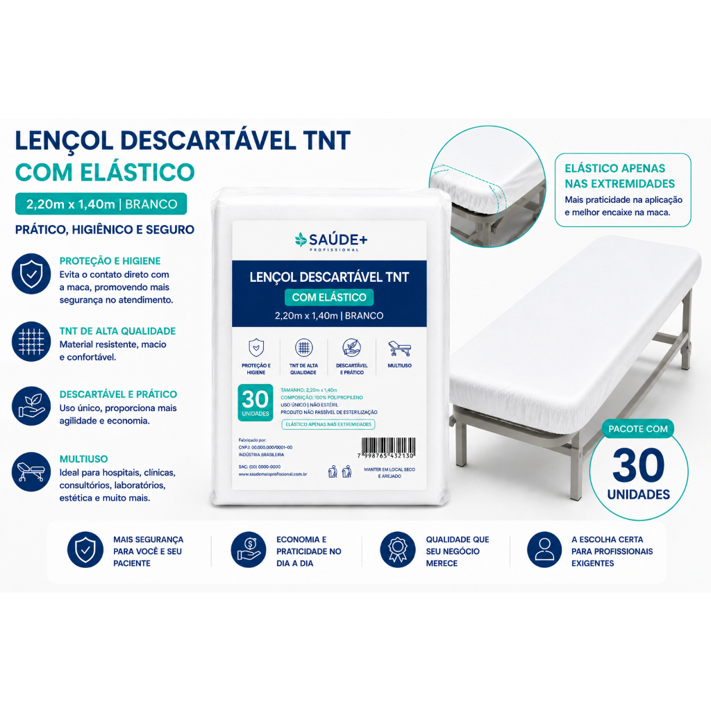 30un - Lençol Descartável TNT Casal C/ Elástico Branco 2,20x1,40m