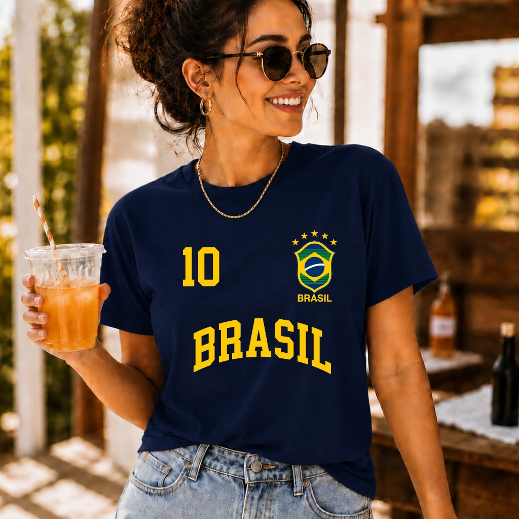 Camiseta Camisa Brasil  Feminina Copa do Mundo Número 10 Torcedora Seleção Brasileira T-Shirt Casual Blusa 100% Algodão