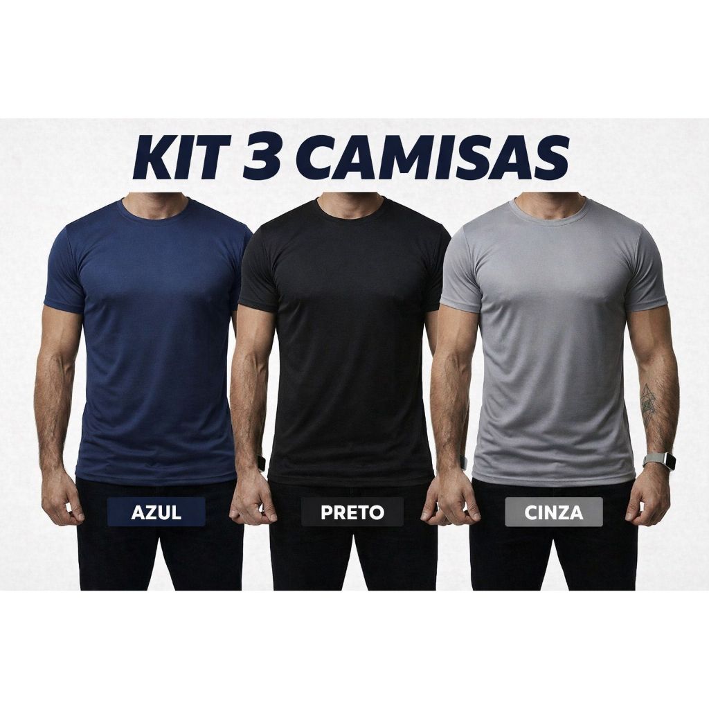 Kit 3 Camisetas Masculinas Dry Fit Academia Poliéster Premium Proteção UV