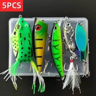 Kit 5 Iscas Artificiais Pesca Frog Popper Minnow Spinner