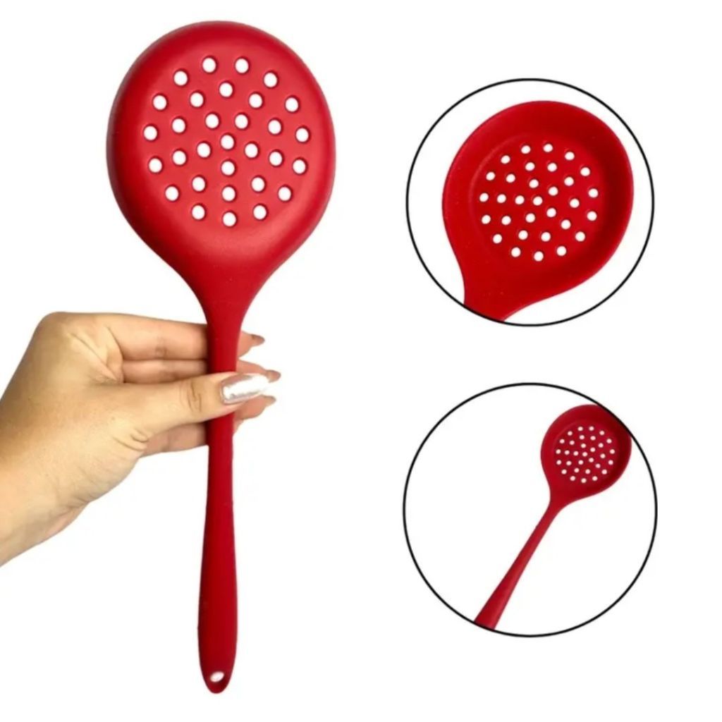 Escumadeira Grande de Silicone 32cm Resistente ao Calor Utensílio de Cozinha Antiaderente Vermelha