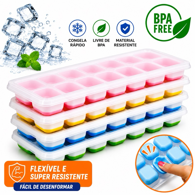 Formas Bandejas de Gelo Papinha Silicone com Tampa 14 Cubos Flexível Multiuso Lavavel Cores Variadas