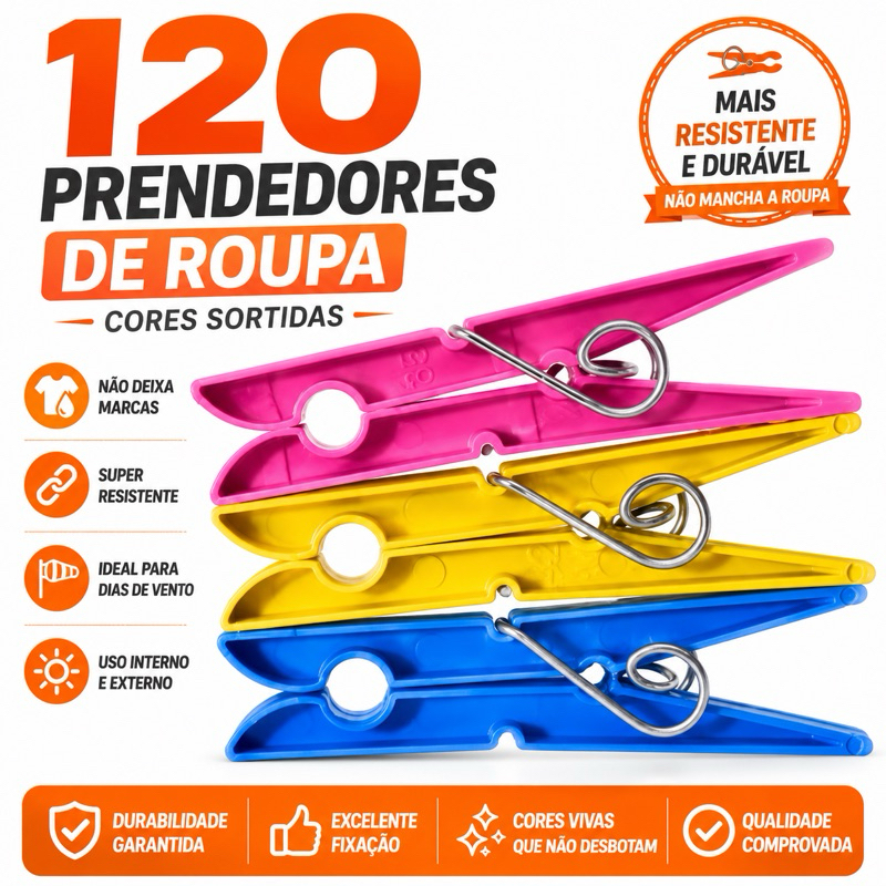 Kit 12 a 120 unidades Prendedor Pregador de Roupas Plástico Reforçado – Cores Sortidas – Varal