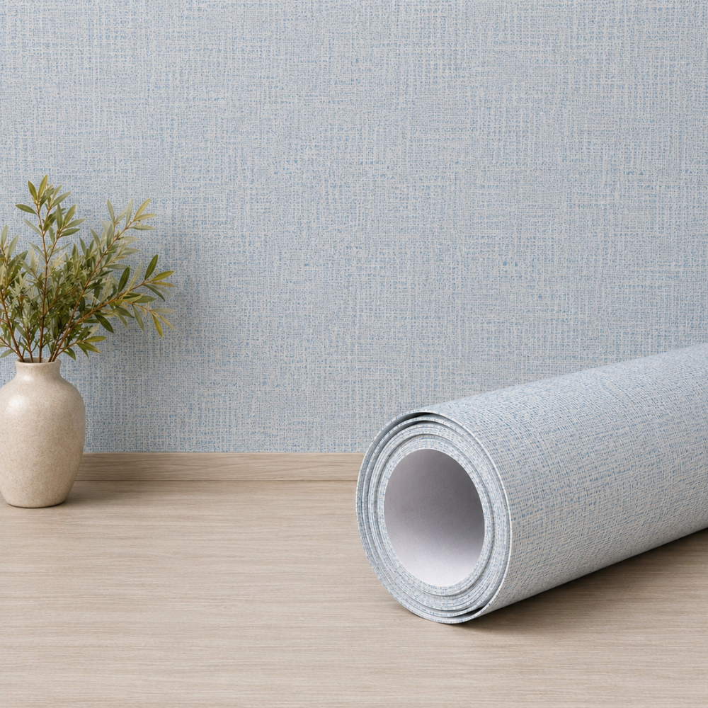 Papel de Parede Linho Azul 45cm x 5m Autoadesivo Lavável Textura Linho Sala Quarto Decorativo
