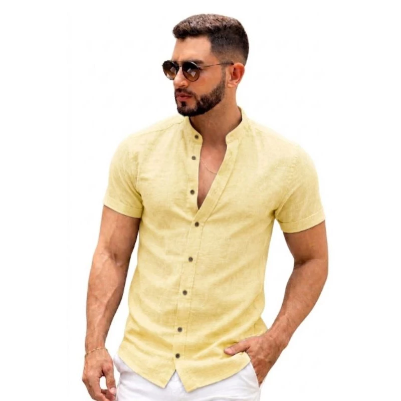 "Camisa social linho flow Slim, não amarrota ,leve elastano ,Masculina Manga Curta Gola Padre | Leve, qualidade Premium