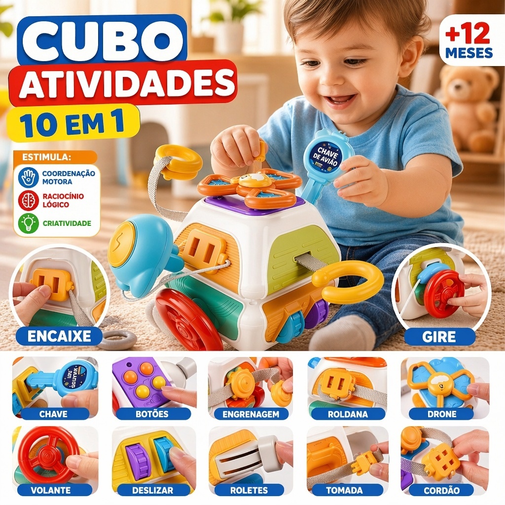 Brinquedo Educativo Montessori Cubo 10 em 1 para Desenvolvimento Motor e Sensorial Bebê 1 a 3 Anos Presente