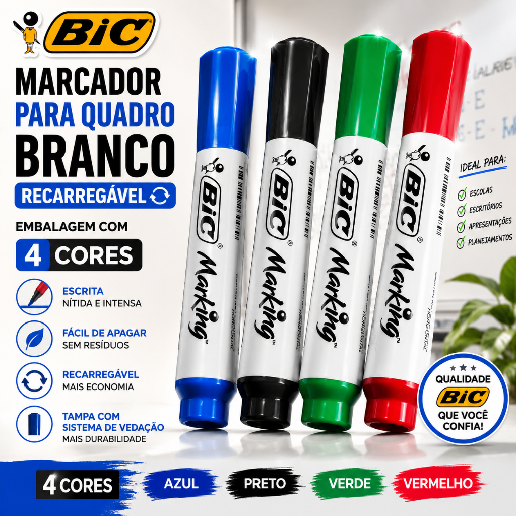 Marcador para Quadro Branco Bic Recarregável Embalagem com 4 Cores