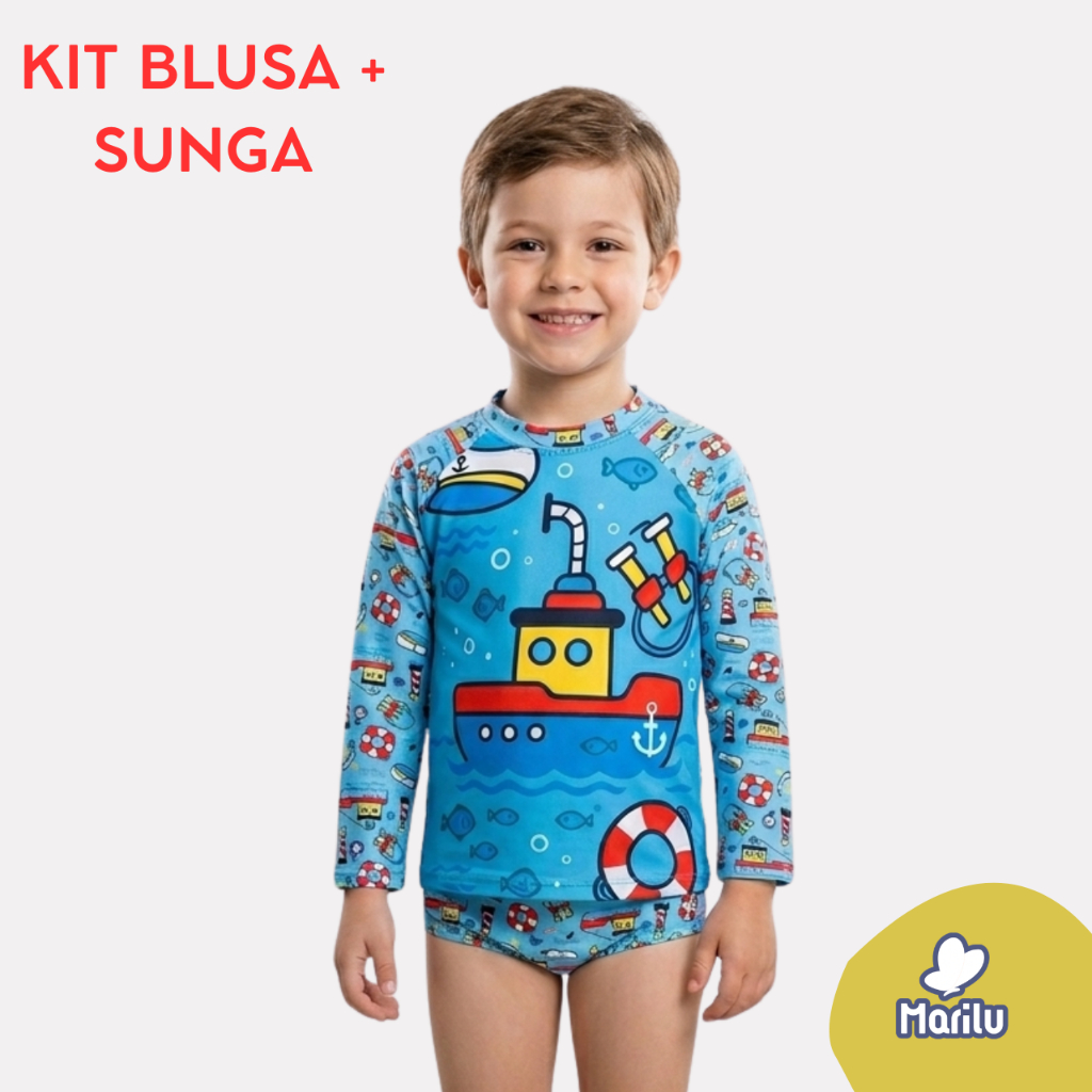Conjunto de banho praia infantil masculino natação menino proteção uv camisa e sunga piscina solar estampado