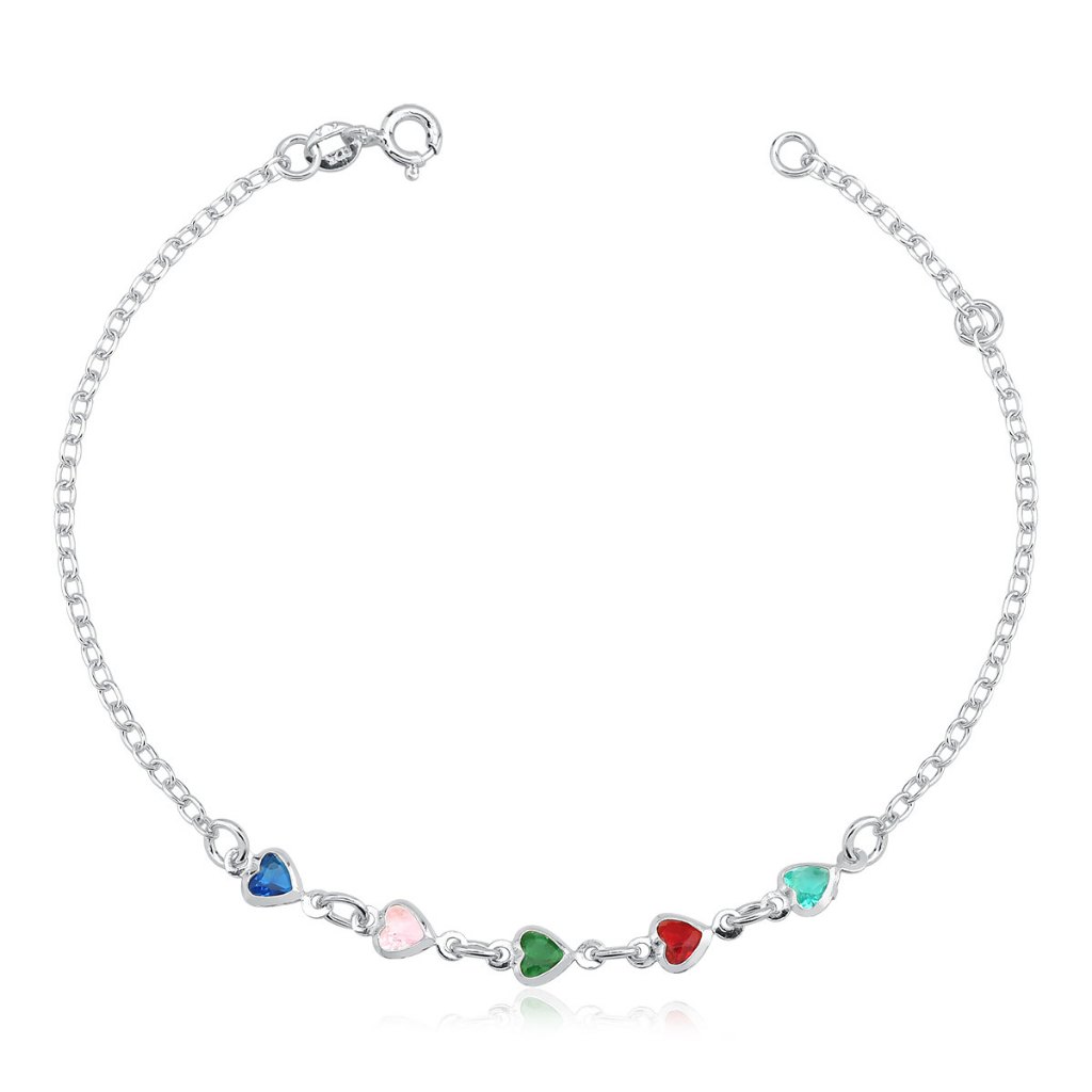 Pulseira Feminina de Prata 925 Corações Colorido