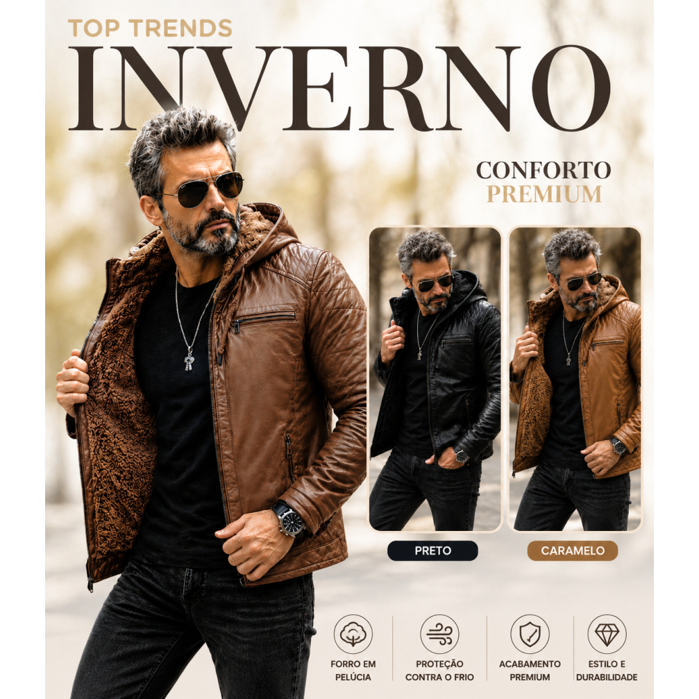 Jaqueta Couro Forrada masculina Casaco Inverno com Capuz removivel Motoqueiro Premium