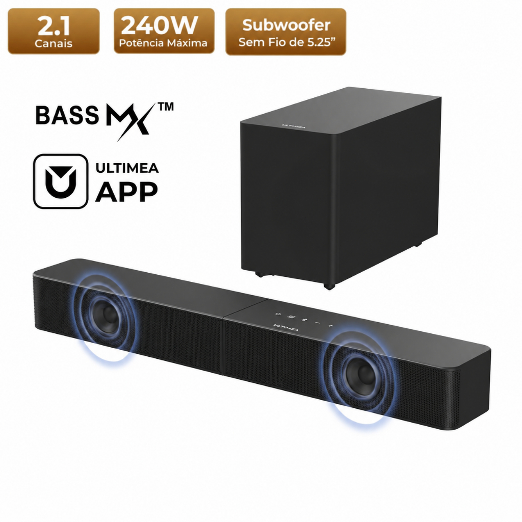 Soundbar ULTIMEA Poseidon M30 2.1 Canais 240W Subwoofer 5,25" sem fio Caixa de Som para TV Com Bluetooth Controle APP