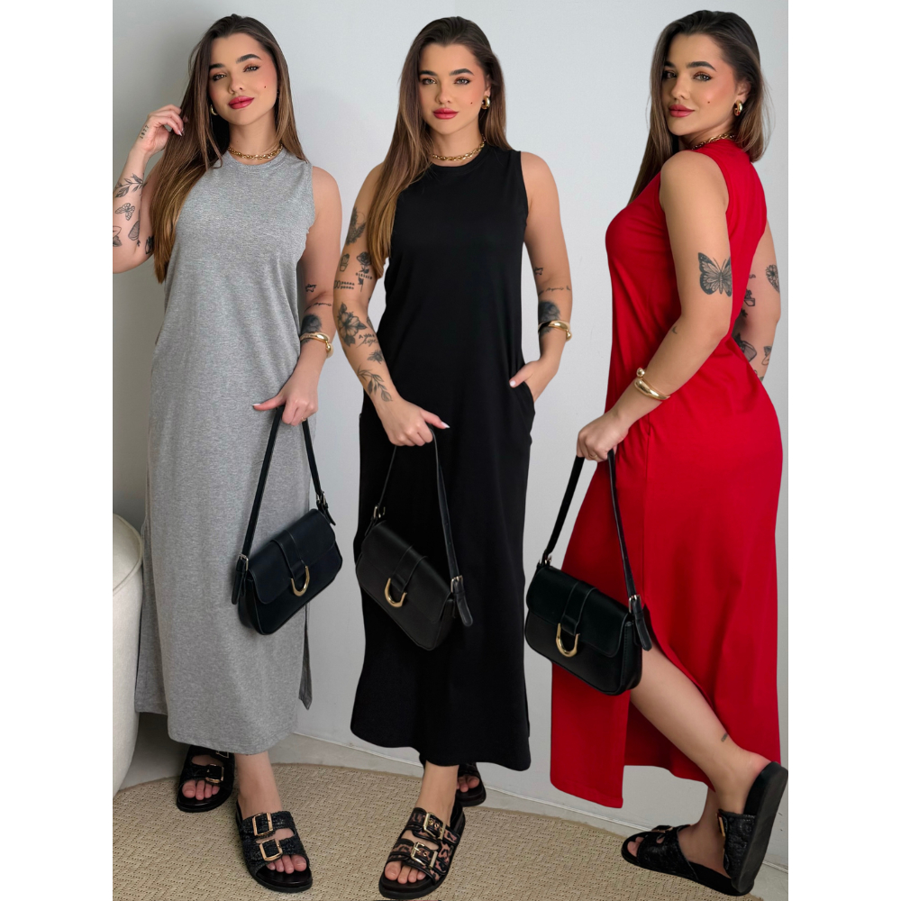 Vestidos Cavado Longo Cavado Com Fenda e Bolso Soltinho Conforto 100% Algodão Moda Blogueira Festa