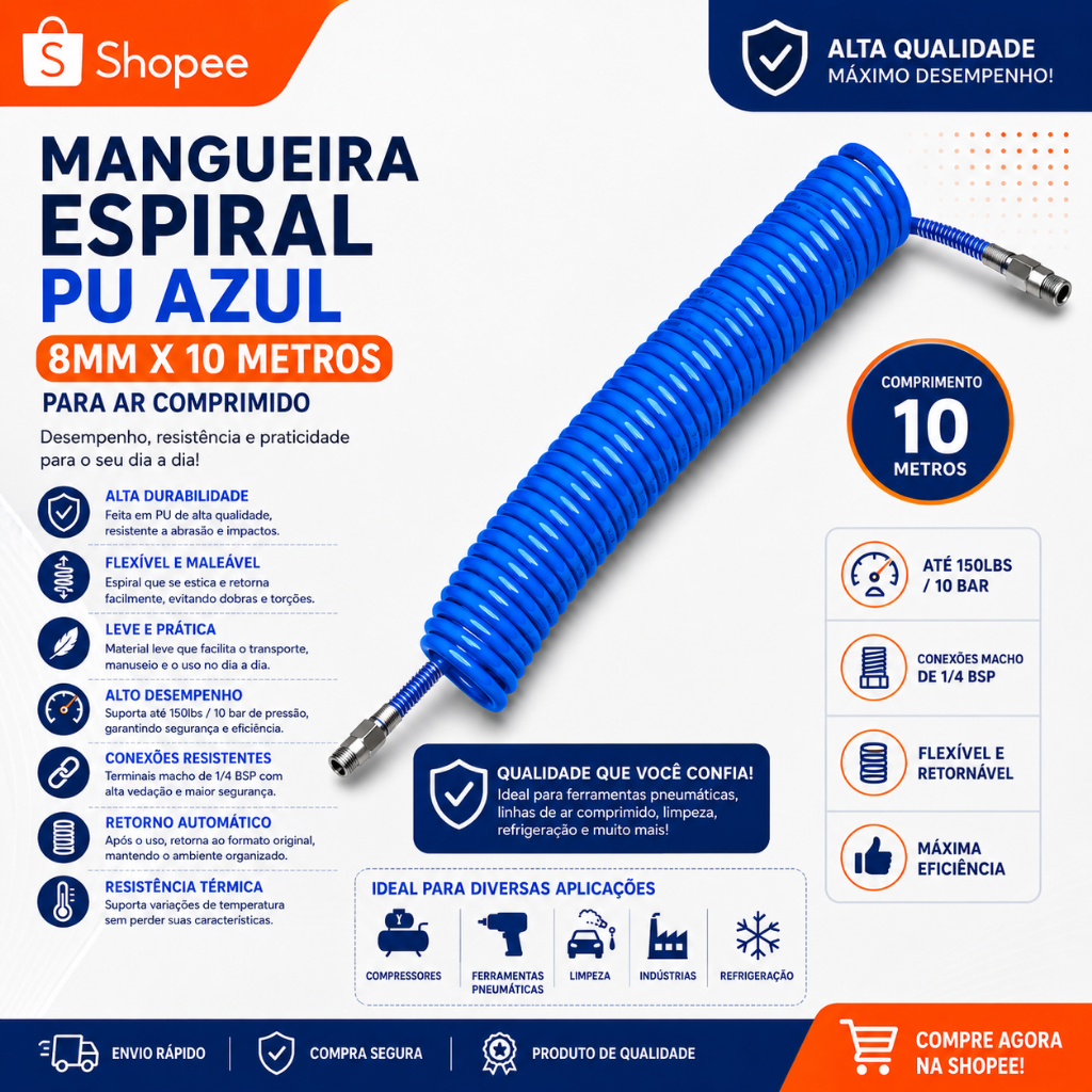Mangueira Espiral PU 10m com Conector 1/4 Hidraflux para Ar Comprimido e Ferramentas Pneumáticas Azul