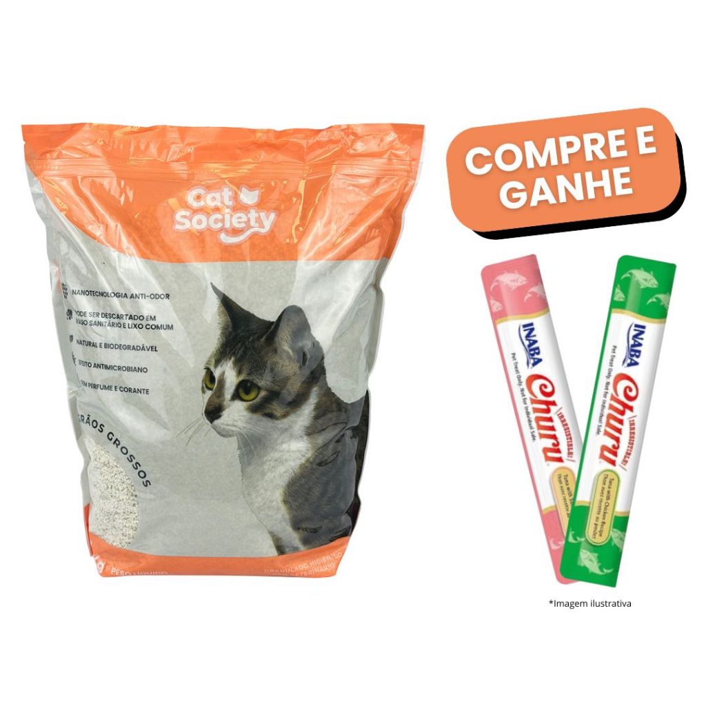 Areia Para Gatos e Roedores Cat Society Biodegradável Com Grãos Grossos Pacote 4kg com Churu Sortido