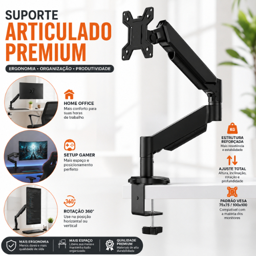Suporte Para Monitor Articulado VESA 75x100 Ajustável Altura Giro 360° Ergonômico Mesa Home Office Gamer