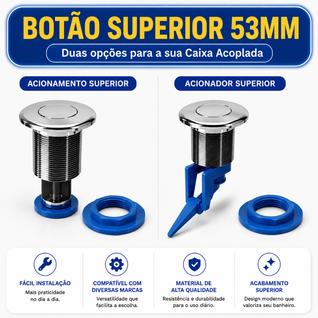 Botão de Acionamento Caixa Acoplada ou Acionador Caixa Acoplada Cromado Valeplast