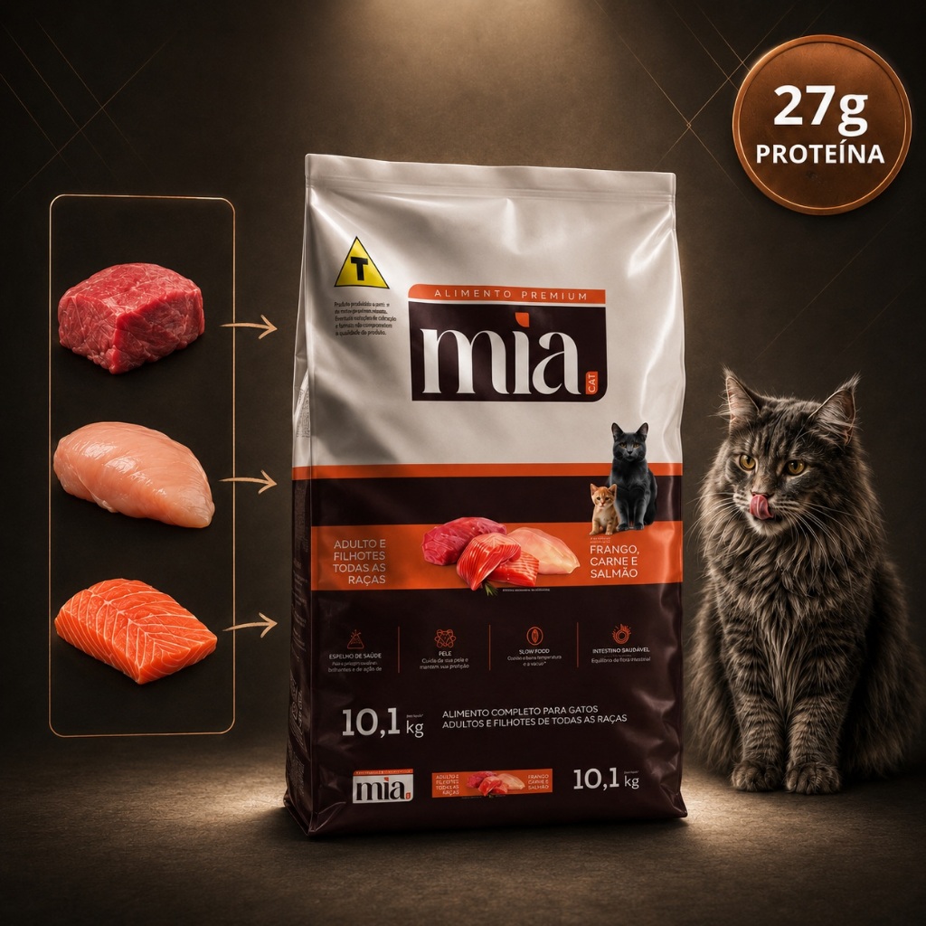 Ração Para Gato Filhote E Adulto 28g Proteína Mia Cat 10,1kg Frango Carne Salmão