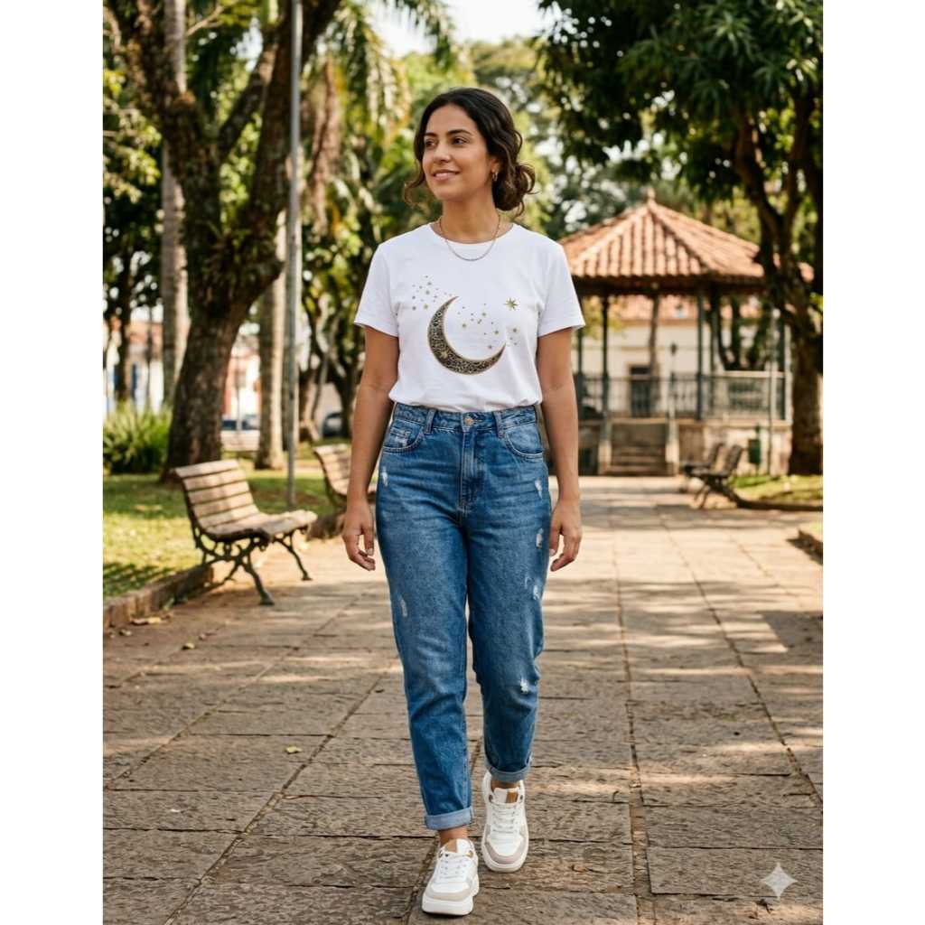 Blusa T-Shirt Camiseta Feminina Lua Estrelado Estiloso 100% Algodão Premium Confortavel Estiloso