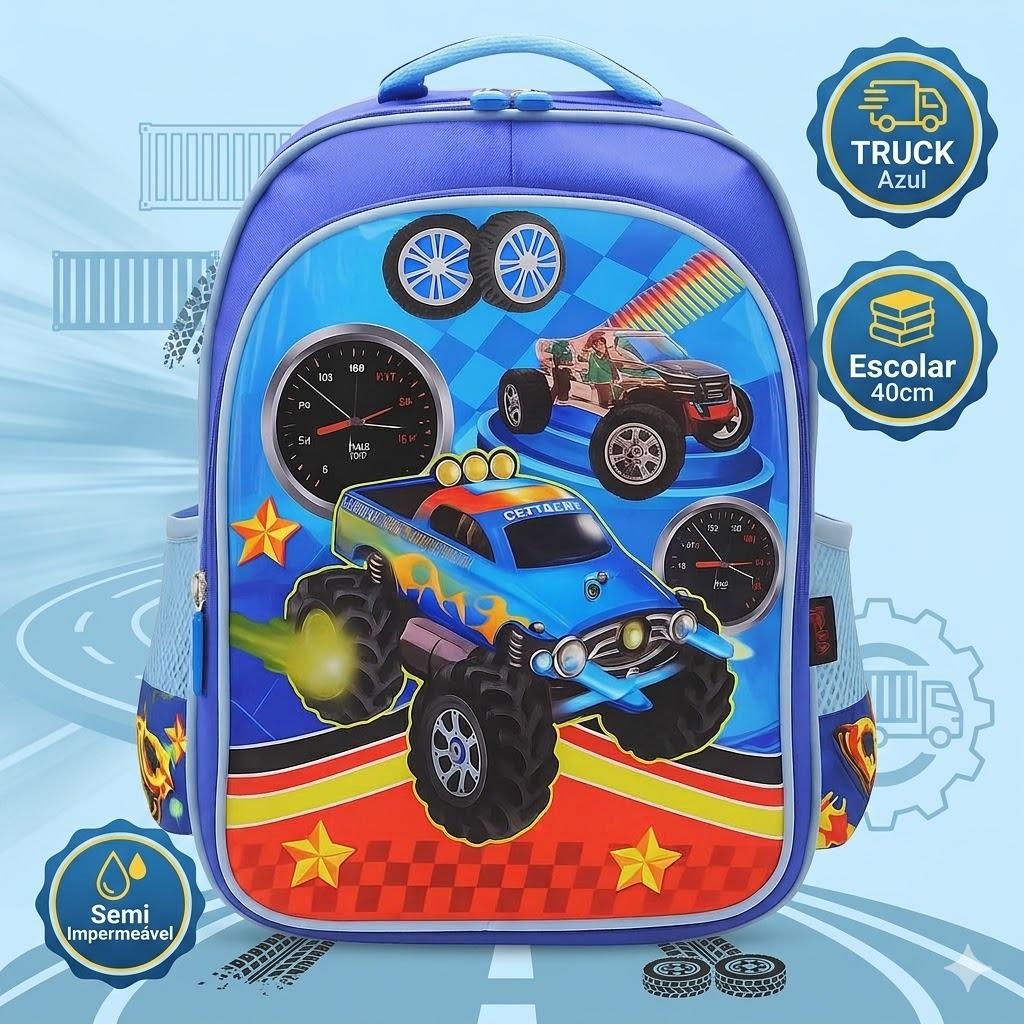 Mochila Infantil Menino Caminhão Truck Azul Escolar Resistente 40cm Semi Impermeável 4 A 9 Anos