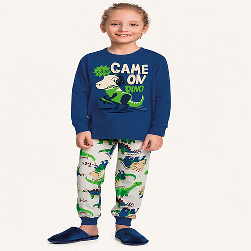 Conjunto infantil pijama camiseta manga longa e calça em meia malha game dino fakini