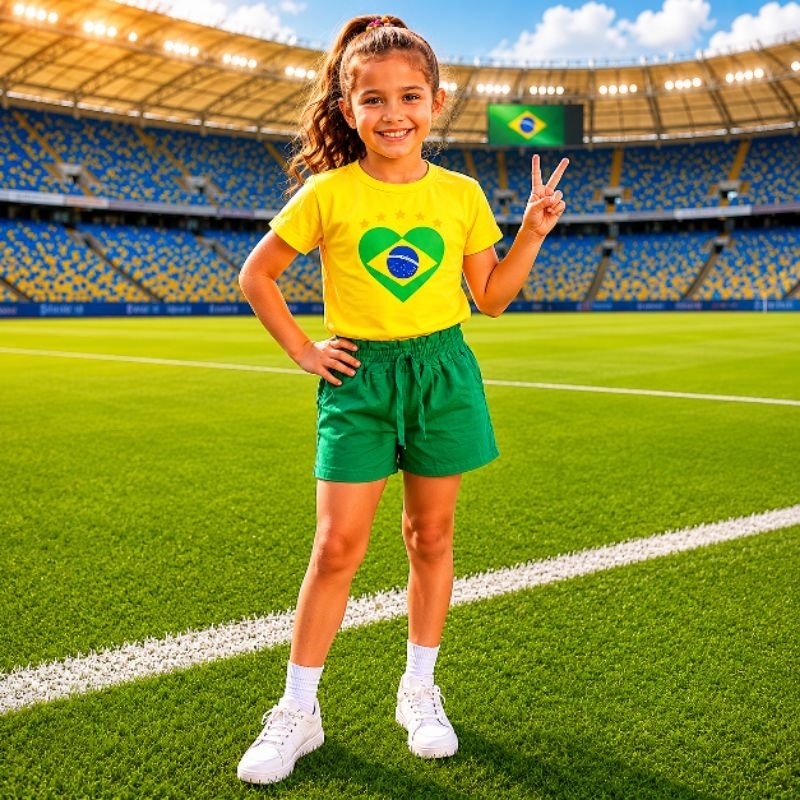 Conjunto Infantil Brasil Menina Copa do Mundo Camiseta Verde + Short Amarelo Roupa Infantil Feminina Verão 2 ao 12 Anos