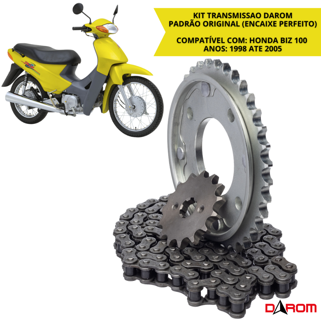 Kit Transmissão Completo Honda Biz 100 1998 a 2005 Corrente 428HX 108 Elos Coroa 35 Dentes Pinhão 15 Dentes Darom