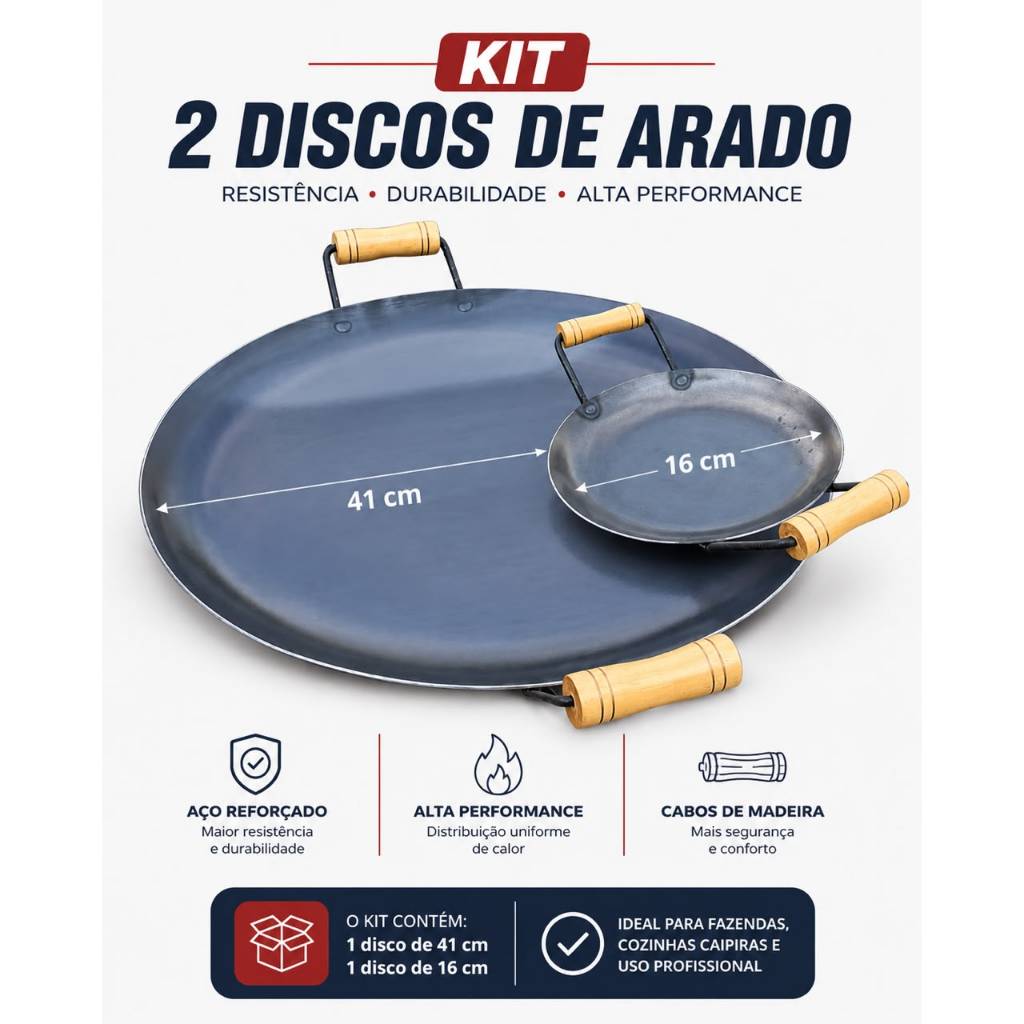 Disco de Arado Bifeteira Aço Rústico Reforçado com Alças Médio 41cm + Disco frita ovo 16cm