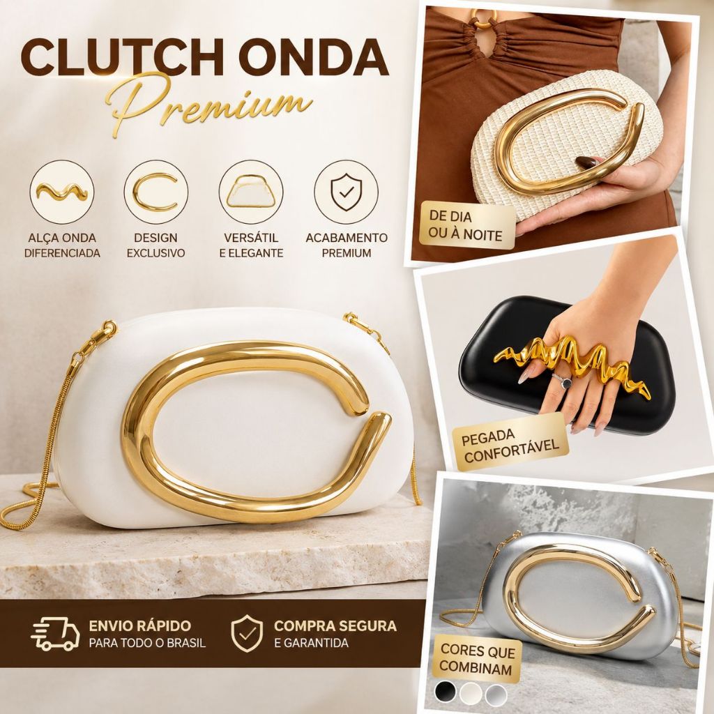 Bolsa Clutch De Mão Feminina Palha Elegante Com Detalhe Dourado Formatura
