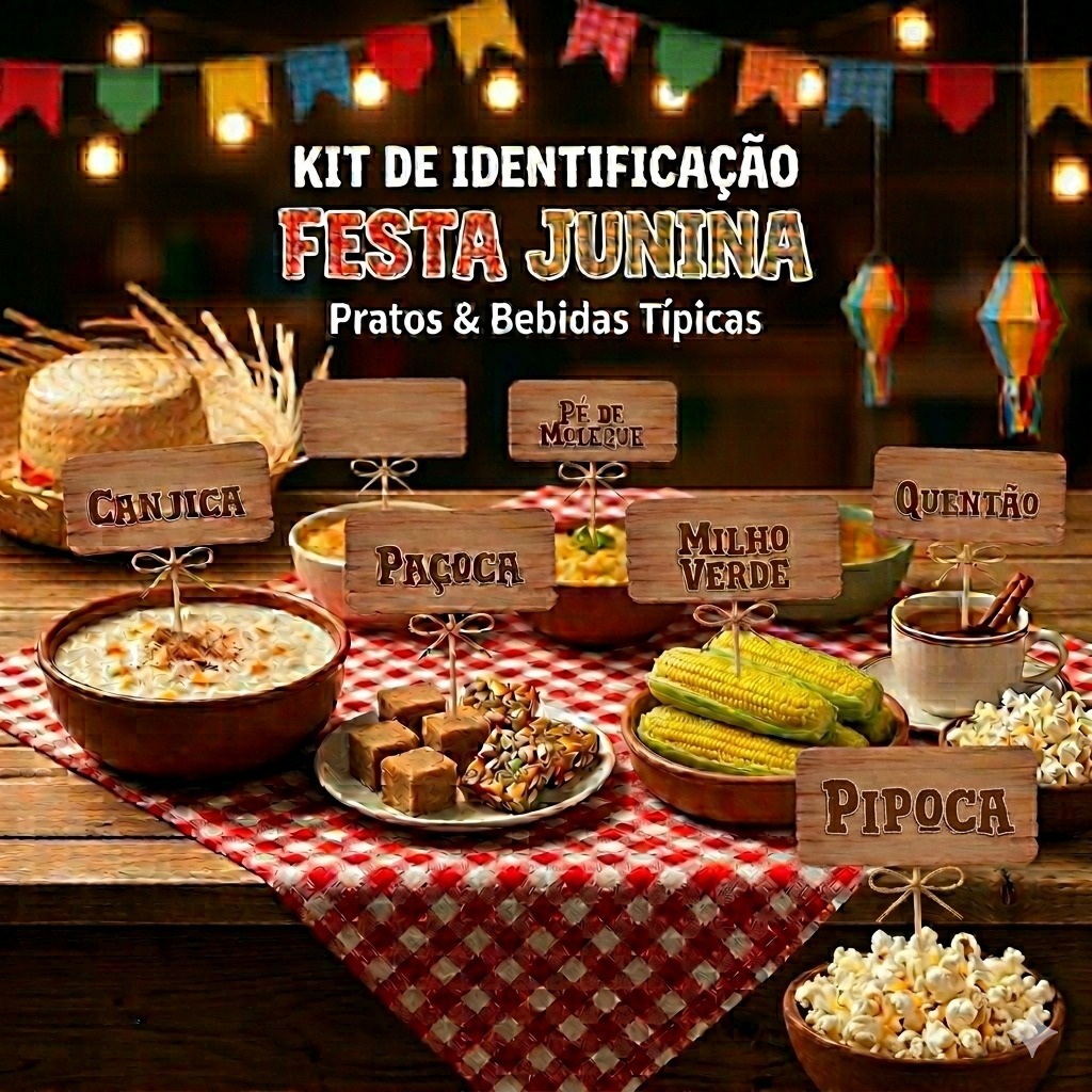 ENVIO IMEDIATO Kit Plaquinhas Identificadoras dos pratos e bebidas Festa Junina para Mesa de Comidas 20 ou 40 Unidades.