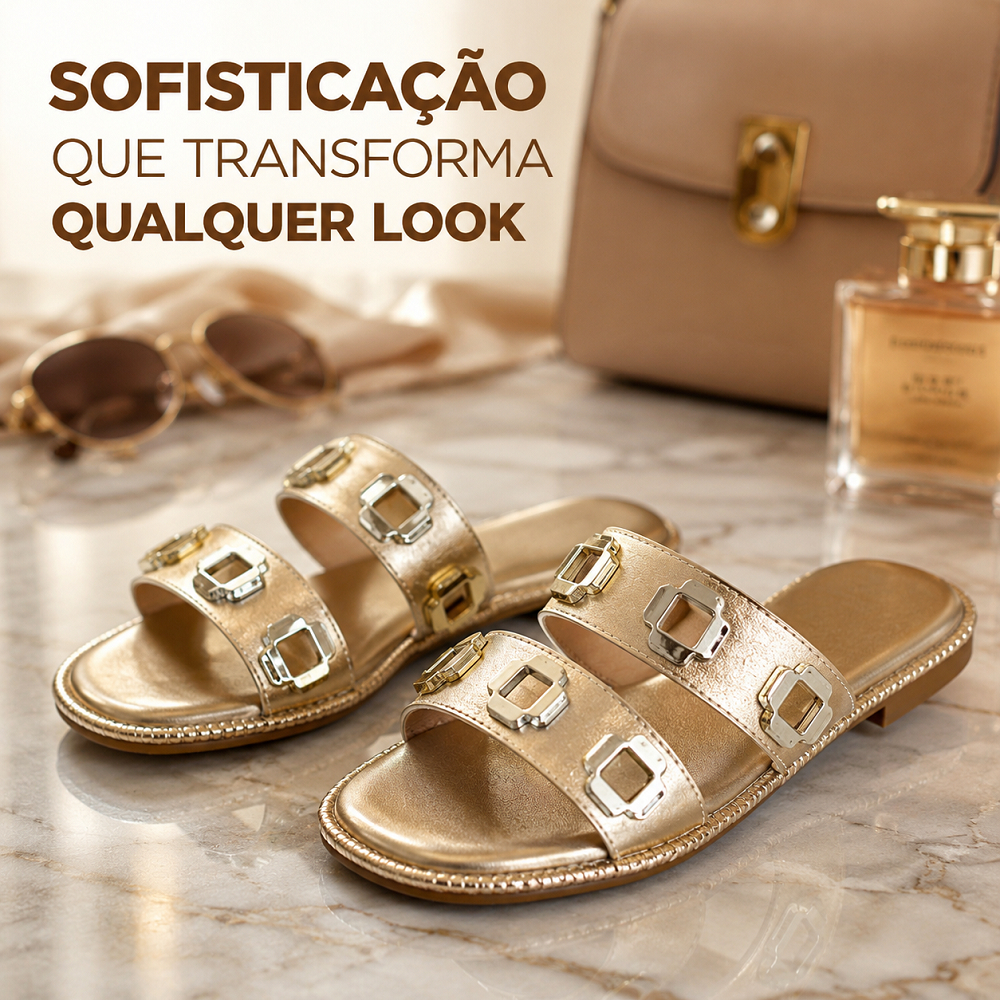 RASTEIRA SLIDE FEMININA DOURADA METALIZADA COM FIVELAS CHINELO
