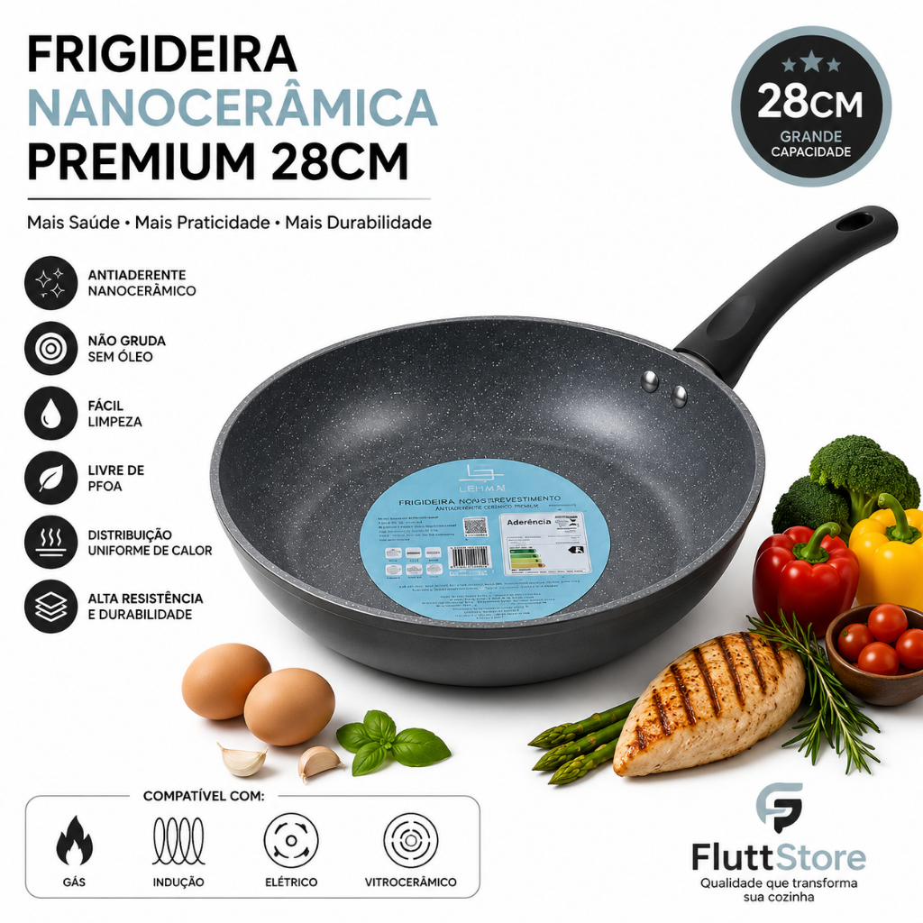 Imagem Frigideira Wok Nano cerâmica Profissional 28cm Ultra Premium Revestimento Granito Antiaderente