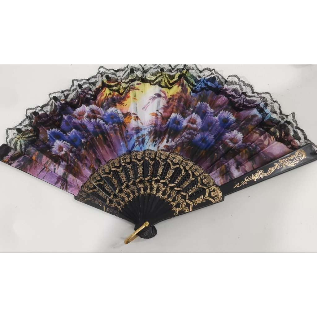 Leque De Mão Tecido Estampado Com Renda Preto Leques Cigano Tecido Floral Estampado Chique Barato Resistente Luxo 22,5cm