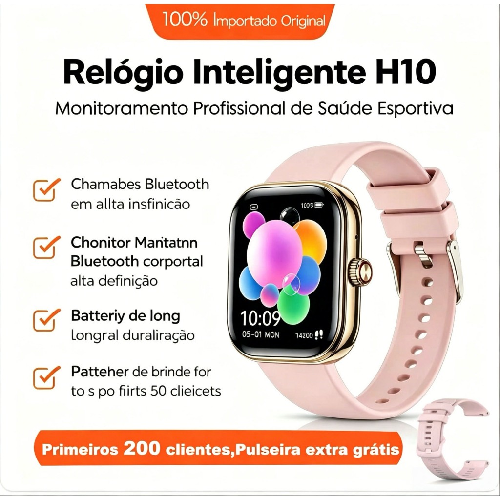 Smartwatch H10 Feminino Bluetooth Saúde Ciclo Menstrual Resistente à Água Pulseira Extra da Mesma Cor