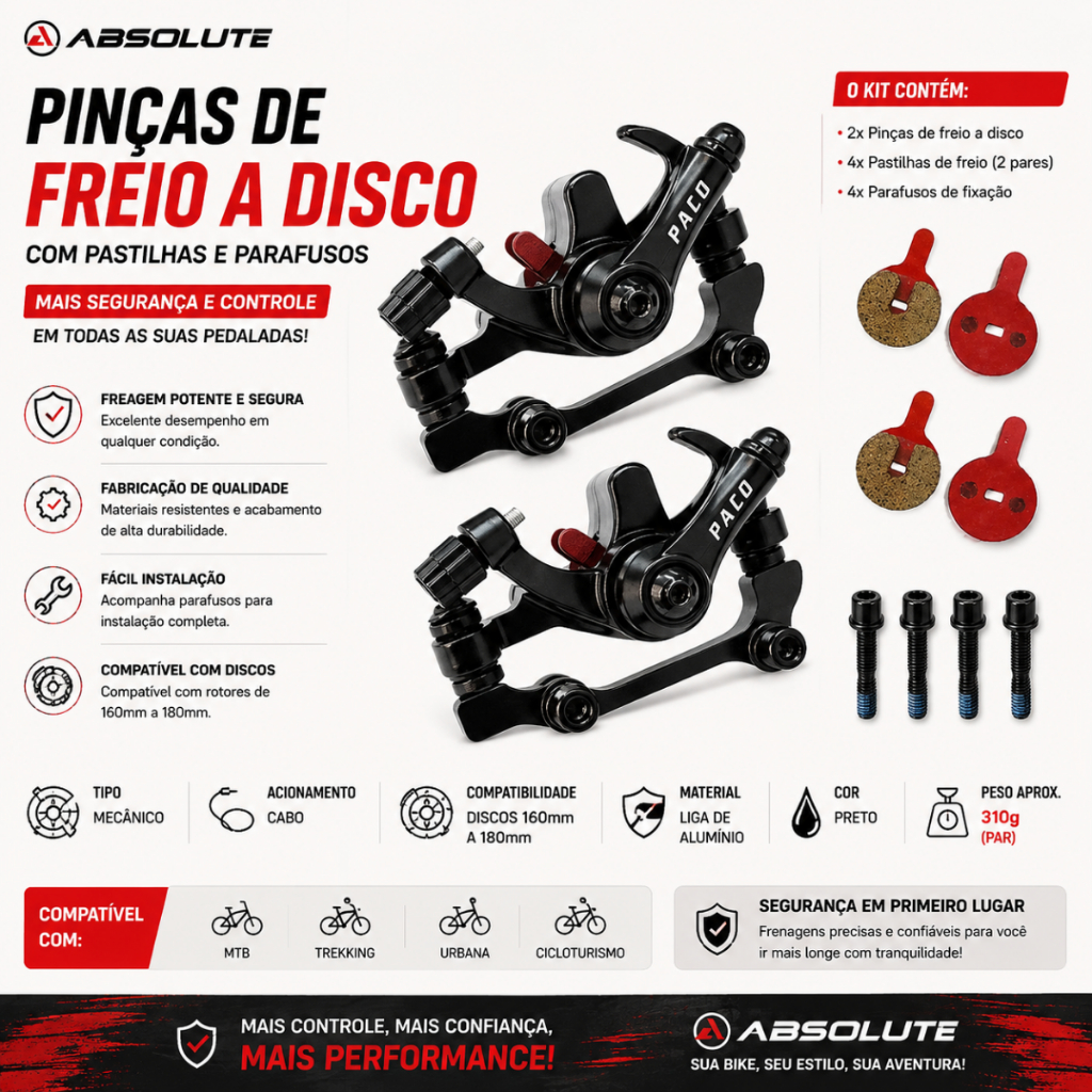 PINÇAS DE FREIO A DISCO PARA BICICLETA COM PASTILHAS E PARAFUSOS