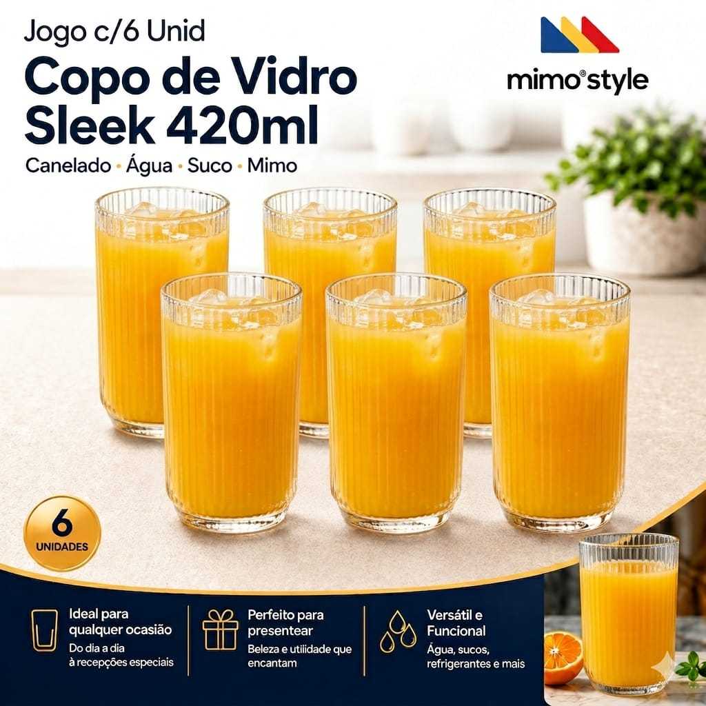 Jogo c/6 Unid Copo de Vidro Sleek 420ml Canelado Água Suco Mimo