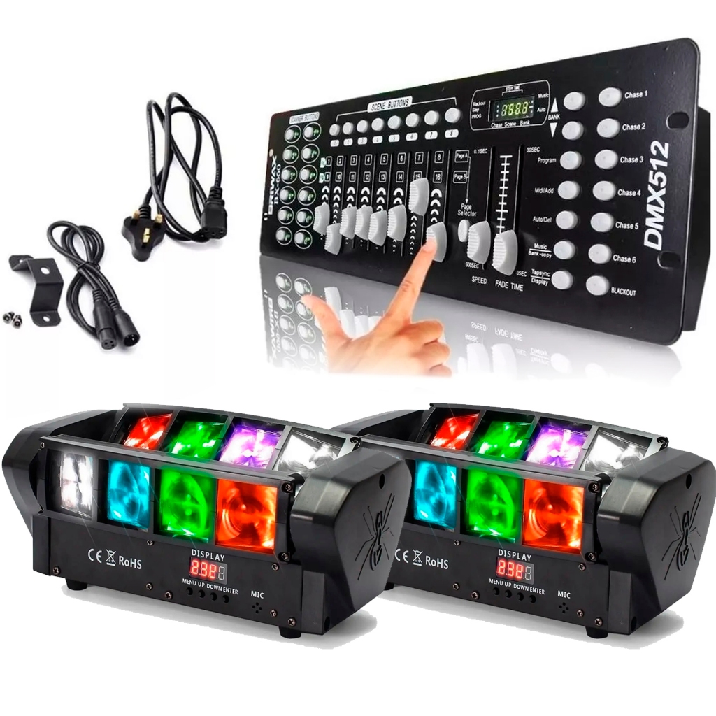 Kit 2 Moving Head LED Colorido Mini Spider Beam 8 LEDs + Mesa Dmx 512 192 Canais Efeitos Strobo