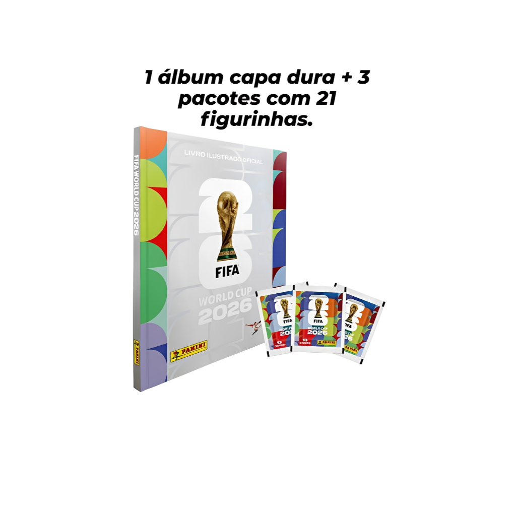 Kit Álbum capa dura ou capa mole Copa do Mundo 2026 + 3  Pacotes com 21 Figurinhas Oficial FIFA