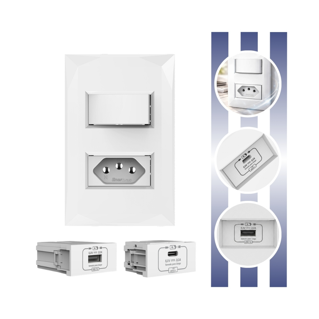 Kit Doha Espelho 2 Módulos Tomada 10A 1 Interruptor 1 Tecla Suporte 2x4 Com 2 Tomadas USB Enerbras