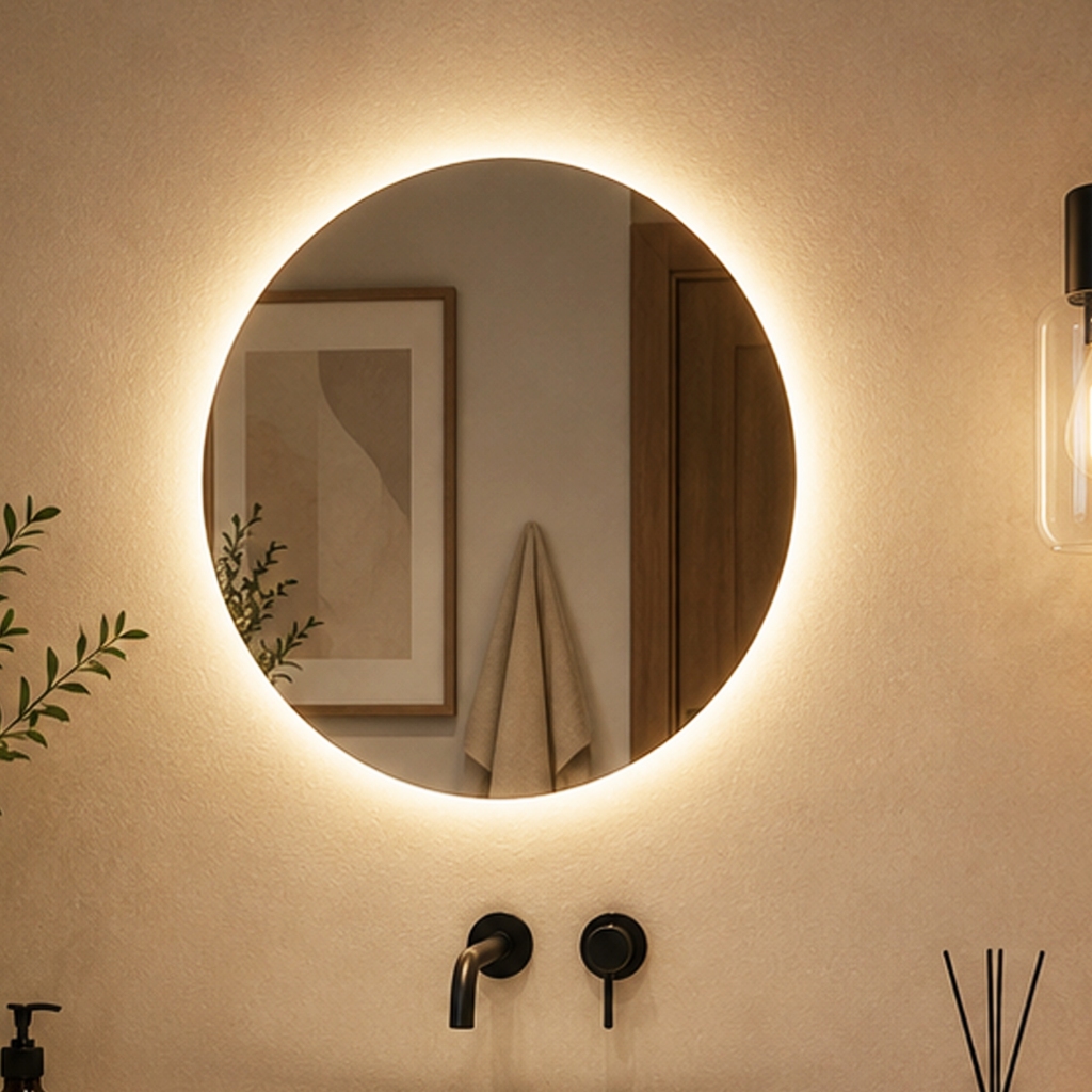 Espelho Redondo Grande 80cm Lapidado Moderno Decorativo Império C/ Led SEM FIO Pilhas
