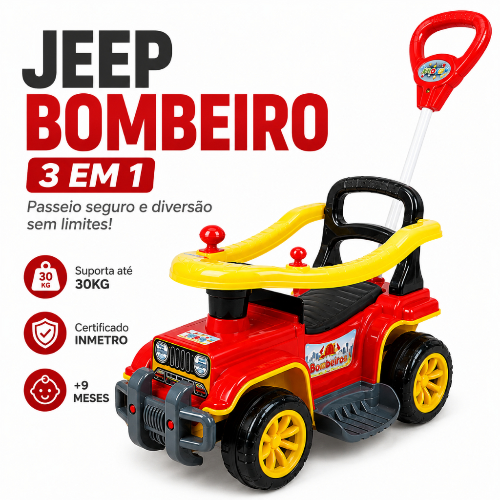 Carrinho Passeio Infantil Jeep Bombeiro 3 em 1 com Guia Direcional, Proteção e Buzina Divertida