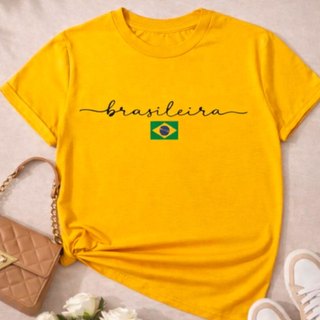 Camiseta Feminina Brasileira Copa Brasil 100% Algodão Estampa Minimalista Casual Confortável