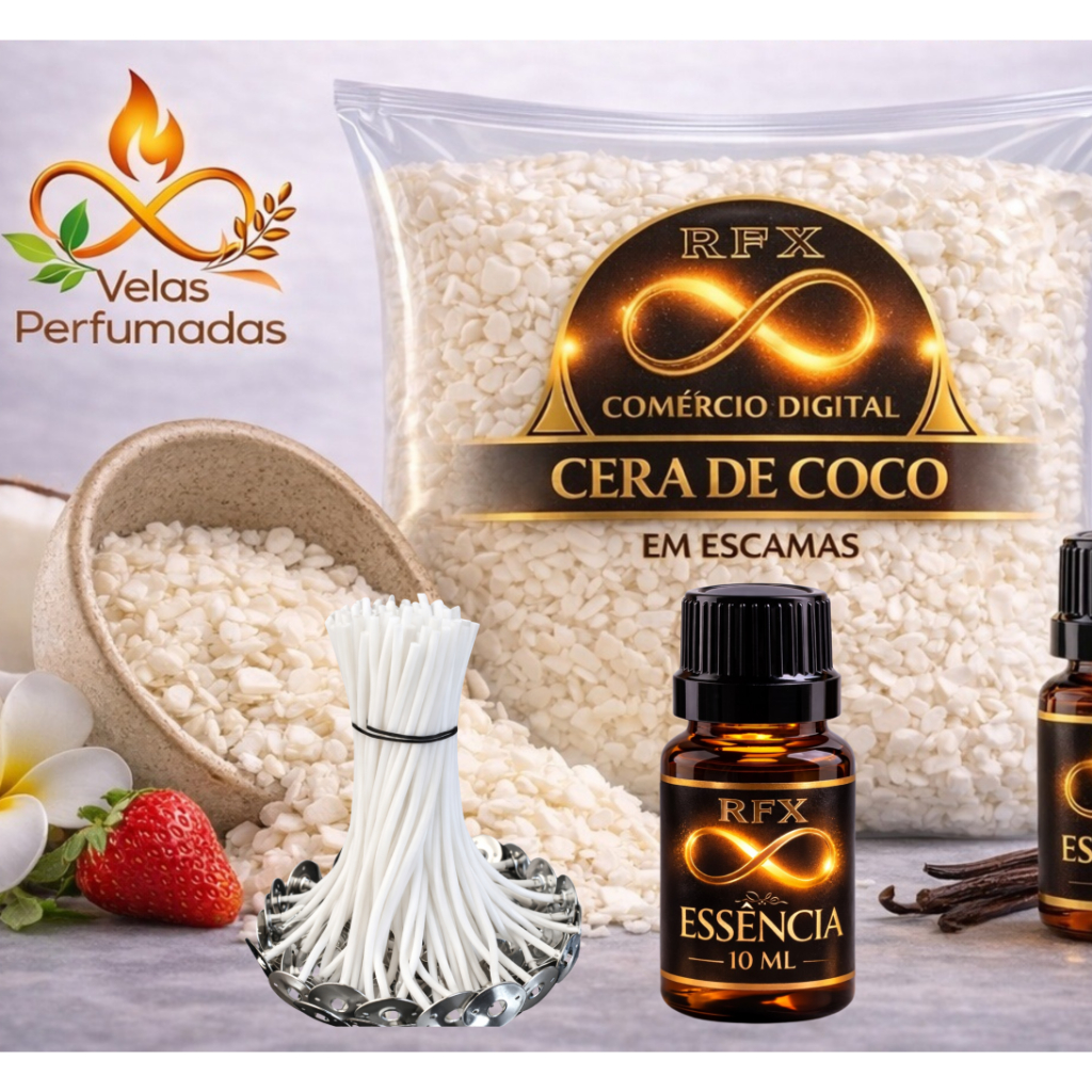 Kit Cera de Coco+Pavio 3mm B2040+Essência p/ Velas Premium 10 ml