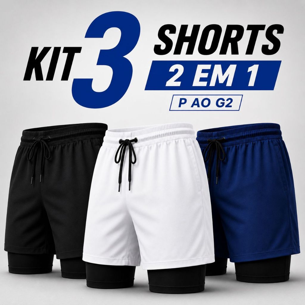 Kit 3 Shorts 2 em 1 PLUS Masculino Iron Bull Dry Corrida e Academia com Forro de Compressão